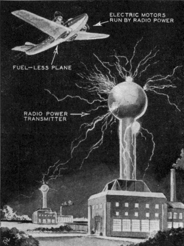 Caption: "Nikola Tesla, electrical wizard, foresees the day when airplanes will be operated by radio-transmitted power supplied by ground stations, as shown” Modern Mechanix and Inventions magazine, Modern Mechanix Publishing Co., Greenwich, Connecticut, Vol. 7, No. 3, July 1934, p. 261 https://commons.wikimedia.org/wiki/Category:Future_in_art#/media/File:Tesla_wireless_power_future_1934.png