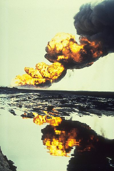 Gulf War incident, Kuwait and Persian Gulf. Bergan oil field fire - showing reflection of fire in oil. 1991. http://commons.wikimedia.org/wiki/File:Bergan_oil_field_fire.jpg