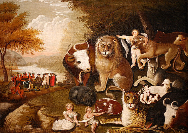 "The Peaceable Kingdom," ca. 1833-1834. Oil on canvas. Brooklyn Museum. By Edward Hicks (American, 1780-1849).