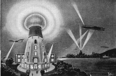 “An artist’s conception of Nikola Tesla’s system for transmitting power by radio waves.” (December 1925). Illustration by Frank R. Paul in “Radio News”