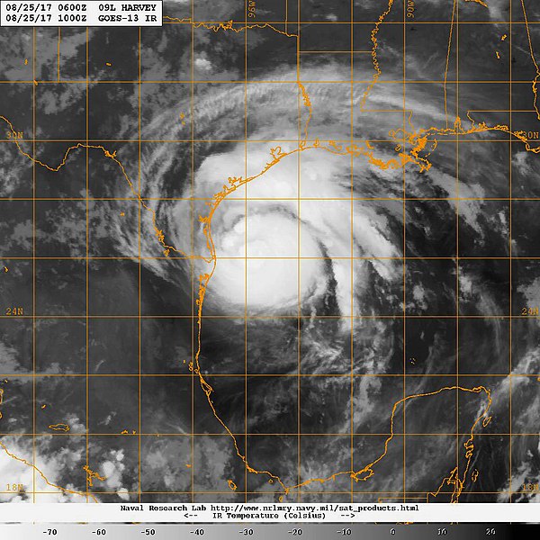 An infrared satellite image of Hurricane Harvey, a category 2 hurricane.