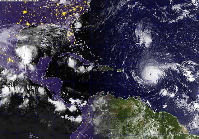 A GOES satellite image showing Hurricane Irma in the Atlantic Ocean, North of Venezuela. The storm is a category 5 hurricane on the Saffir-Simpson hurricane wind scale. 5 September 2017. Source US Navy;.