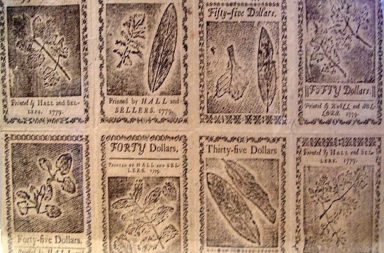 An uncut sheet of Continental currency (1779). Nature print design by Benjamin Franklin. Source: a private collection,.
