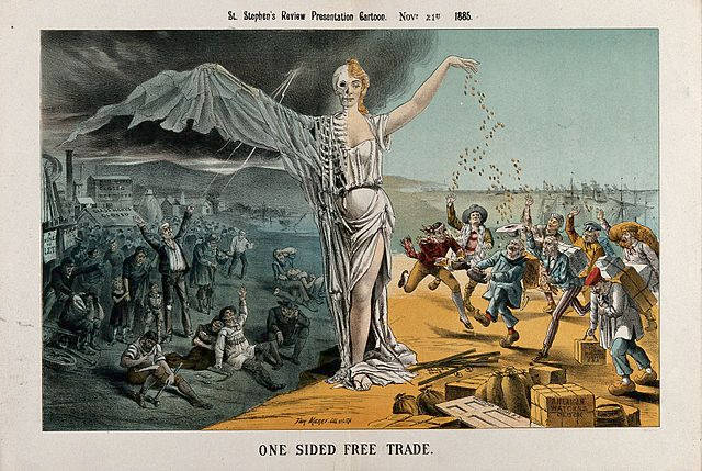 A half-woman-half skeleton representing free trade.