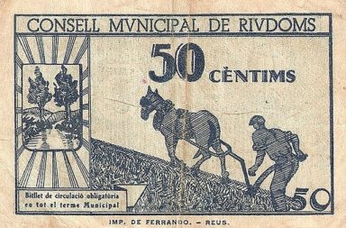 Bank note used in Riudoms during Spanish Civil War (15 June 1937).
