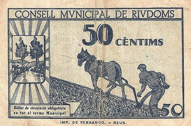 Bank note used in Riudoms during Spanish Civil War (15 June 1937).