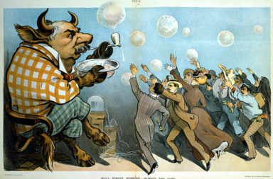 Cartoon, "Wall Street bubbles - Always the same". American financier J. P. Morgan is depicted as a bull, blowing soap bubbles for eager investors. Several of the bubbles are labeled, "Inflated values." Seen behind Morgan is a stock ticker, a machine which provided current information on stock prices. Puck magazine (1901)