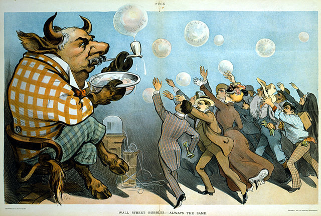 Cartoon, "Wall Street bubbles - Always the same". American financier J. P. Morgan is depicted as a bull, blowing soap bubbles for eager investors. Several of the bubbles are labeled, "Inflated values." Seen behind Morgan is a stock ticker, a machine which provided current information on stock prices. Puck magazine (1901)