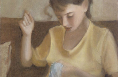 Young woman mending. "Mending. 2, 1988" by Anna Pasternak. Oil on canvas. 2009. Via Wikimedia Commons.