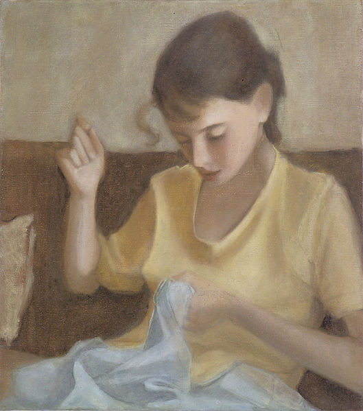Young woman mending. "Mending. 2, 1988" by Anna Pasternak. Oil on canvas. 2009. Via Wikimedia Commons.