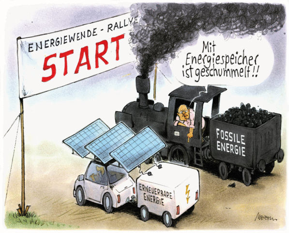 Cartoon showing a race between renewable energy and fossil fuels. Text is in German. Gerhard Mester (2013).