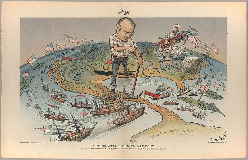 "A Thing Well Begun Is Half Done." A satirical political cartoon reflecting America's imperial ambitions following quick and total victory in the Spanish American War of 1898. Victor Gillam (1899).