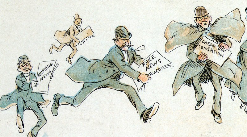 The fin de siècle newspaper proprietor with "fake news" rushing to the printing press (1894). Frederick Burr Opper in Puck magazine. Via Wikimedia Commons.