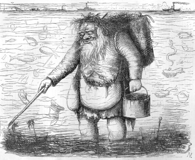 Dirty father Thames : Father Thames shown as a filthy looking vagrant, and the river as a repository of filth and industrial waste. Punch (1848). Via Wikimedia Commons.