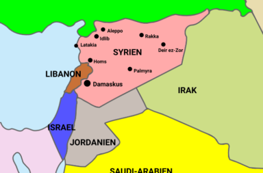 Map of Syria and other countries of the Middle East. It shows most larger Syrian cities which are or were subject to fighting during the war in Syria (2016). ReneRanks