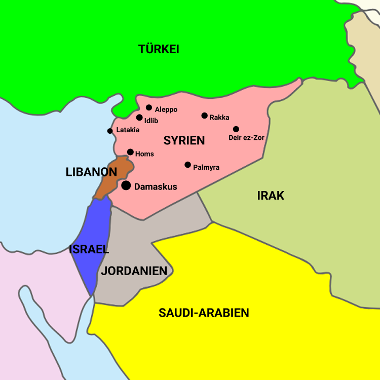 Map of Syria and other countries of the Middle East. It shows most larger Syrian cities which are or were subject to fighting during the war in Syria (2016). ReneRanks
