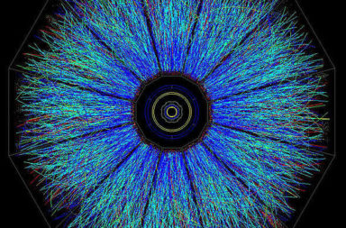A view of one of the first full-energy collisions between gold ions at Brookhaven National Laboratory's Relativistic Heavy Ion Collider, as captured by the Solenoidal Tracker At RHIC (STAR) detector. The tracks indicate the paths taken by thousands of subatomic particles produced in the collisions as they pass through the STAR Time Projection Chamber, a large, 3-D digital camera.