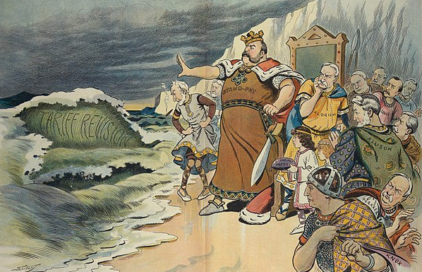 "Back!" Satirical cartoon in Punch magazine showing King Canute ordering the tide to halt (1908). Artist Samuel D. Ehrhart. Via Wikimedia.