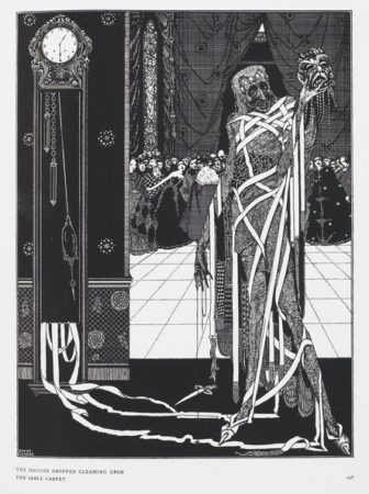 "The dagger dropped gleaming upon the sable carpet". From Tales of Mystery and Imagination by Edgar Allan Poe. Illustrating "The Masque of the Red Death." 1919. Artist: Harry C.arke. Wikimedia Commons https://commons.wikimedia.org/wiki/File:The_dagger_dropped_gleaming_upon_the_sable_carpet_-_Harry_Clarke_(BL_12703.i.43).tif