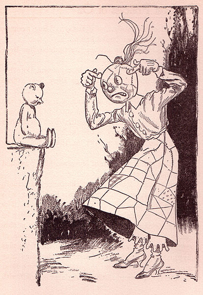 "Patchwork Girl Arguing with The Bear King" The Lost Princess of Oz by L. Frank Baum, Illustrated by John. R Neill (1917). Via Wikimedia.