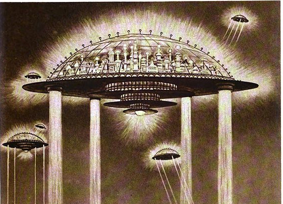 Illustration of Hugo Gernsback's speculative article on what cities will be like in the future. February 1922. https://commons.wikimedia.org/wiki/File:Science_and_Invention_Feb_1922_pg905_-_Cities_of_the_Future.jpg