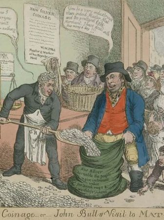 Image: "The New Coinage - or - John Bulls Visit to MAT of the MINT!!" (February 1817) By James Gillray.