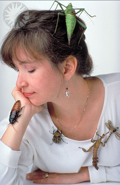 Sally Love, former director of the Insect Zoo at the National Museum of Natural History, wears a selection of live zoo inhabitants.
