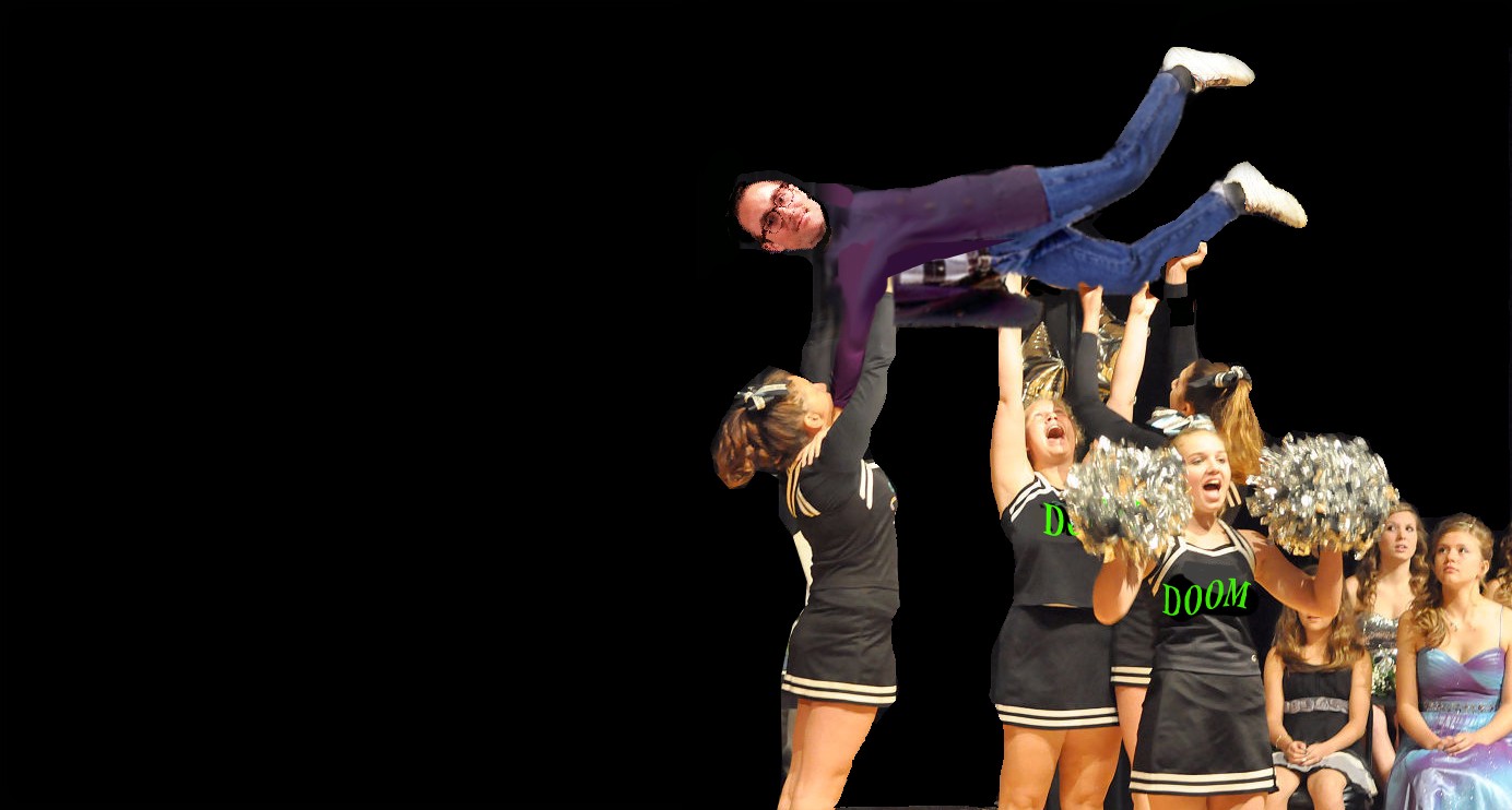 Climate author Wallace-Wells being thrown by cheerleaders.