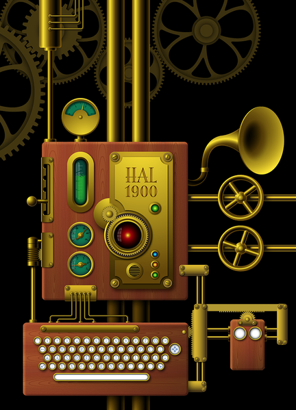 Image: Illustration of a fictional Steampunk computer (2013). A tribute to the computer HAL 9000 from Stanley Kubricks film ”2001: A Space Odyssey”. Grafiker61.