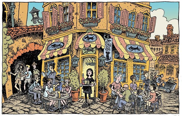 Drawing of a cafe scene in the graphic novel "Bicyclopolis".