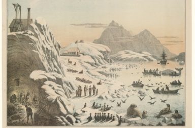 "From Greenland" (1871). Lithograph of animals, landscape and human activities of Greenland.