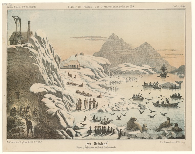 "From Greenland" (1871). Lithograph of animals, landscape and human activities of Greenland.