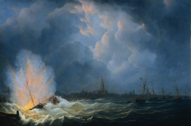 The explosion of gunboat nr. 2 under command of Jan van Speijk, Antwerp, february 5, 1831 (painting)