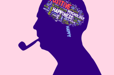 Silhouette of pipe-smoking man with with mottos of ositive psychology and optimism in his head