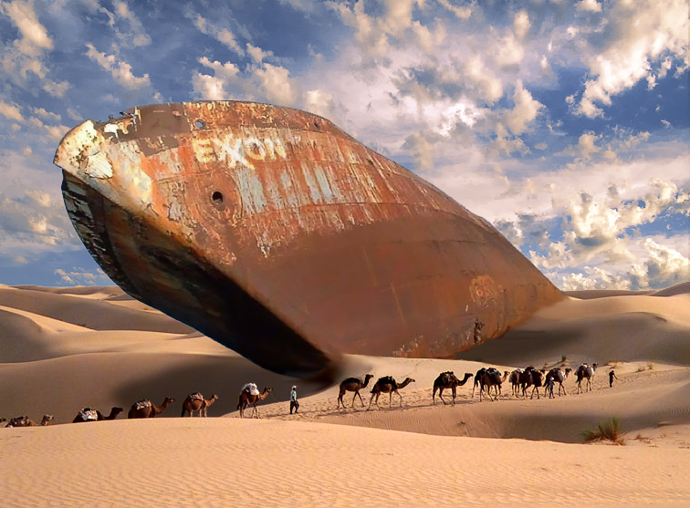 Exxon tanker stranded in desert as a caravan of camels goes by. Photoshopped image.