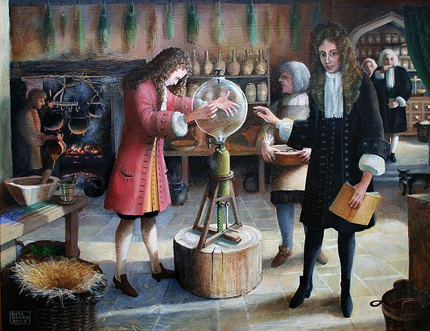 Painting of scientists: Robert Hooke is setting up an experiment using the air pump he designed and made