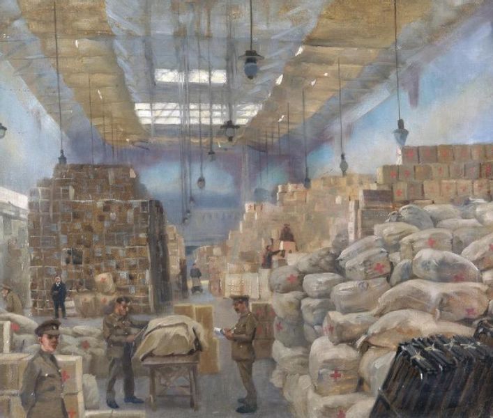 Large storage space filled with medical supplies. British WW1