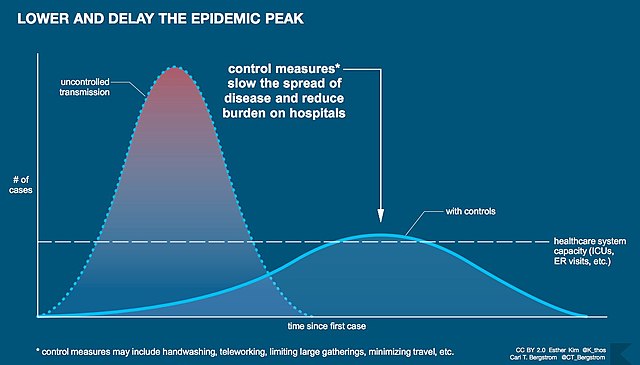 Flatten the curve. Epidemic infographic demonstrates the benefits of slowing transmission.