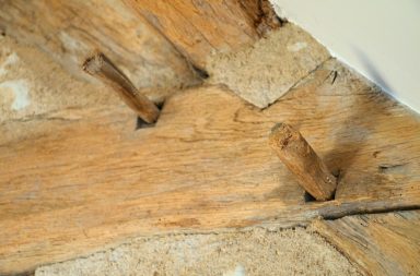Joints in an ancient French roof; the wooden pegs hold the mortise and tenon joinery together.