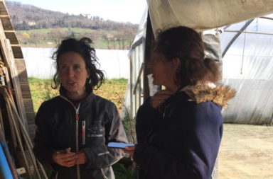 Project coordinator Valérie listens to Fanny, a farmer at Ferme de l’Auberge, Divajeu, March 2021