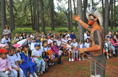 Indigenous Brazilian man talking to schoolchildren
