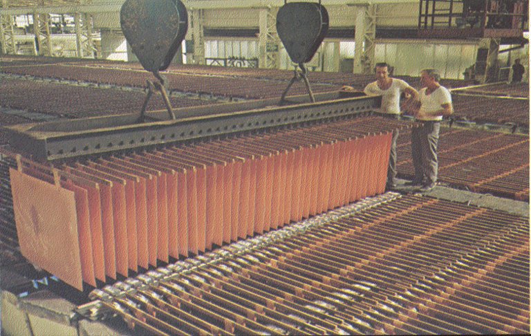 Rack of copper cathode starter sheets hanging from a crane in a copper refinery.