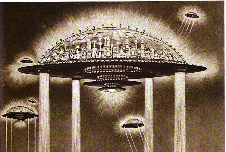 Illustration of Hugo Gernsback's speculative article on what cities will be like in the future (1922).