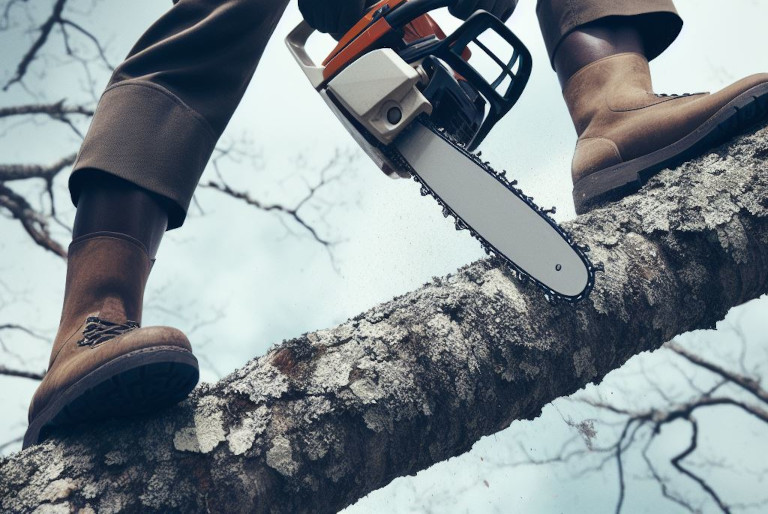 chainsaw sawing off supporting branch