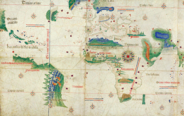 The Cantino planisphere of 1502 shows the line of the Treaty of Tordesillas.
