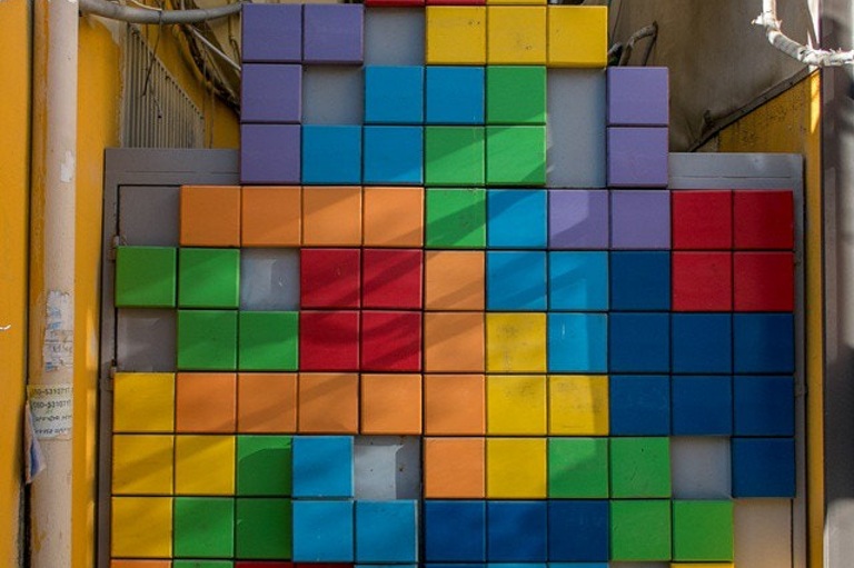 Squares of different colors: Saturday Stroll 1 Attack Of The Tetris Wall.