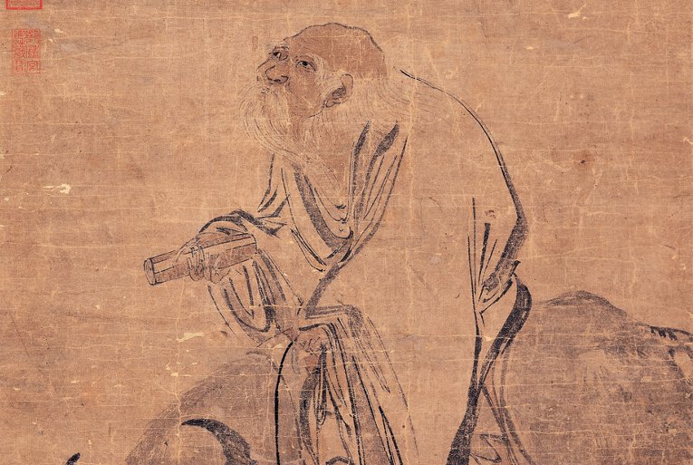 Laotzu riding an ox through a pass.