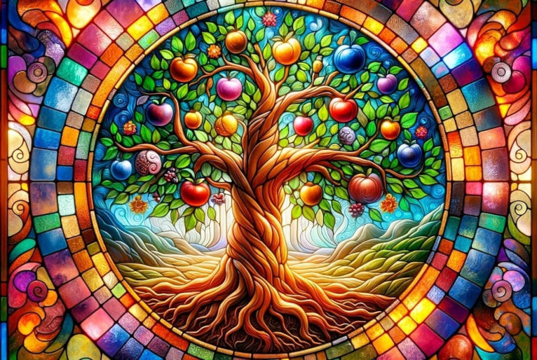 Stained glass tree of knowledge of good and evil