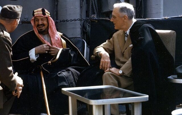 The U.S. President Franklin D. Roosevelt meets with King Ibn Saud of Saudi Arabia
