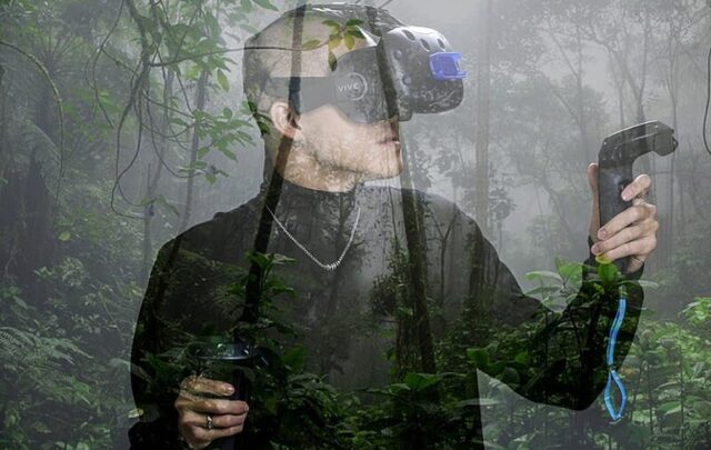 Man with cybernetic goggles in a forest